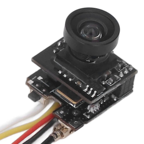 FPV All In One Camera With 5.8GHz 40CH 25mW Switchable Transmitter for Indoor Drone Racing, black micro camera system close-up.