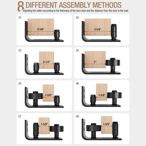 Heavy Duty Sliding Barn Door Guide With Adjustable Bottom Floor Track Hardware showcasing 8 different assembly methods for optimal fit.