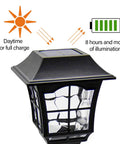 Close-up of black solar wall lantern showing 4 Pack Solar Wall Lanterns Lights Outdoor Waterproof 15 Lumens Per LED Two LED Bulbs Wall Mount Kit Included