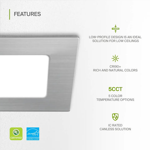 6 Pack 3 Inch Square LED Recessed Lights Canless Ultra Thin Dimmable Ceiling Fixture With J Box UL Energy Star features
