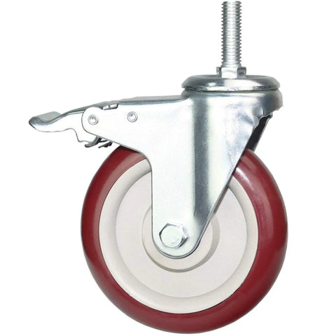 Bad Boy Heavy Duty 5 Inch Swivel Stem Casters 900 Lbs Capacity 360 Slick Rolling Wheels With Dual Safety Locks For Utility Carts and gear transfers pack of four bold red wheel close-up.