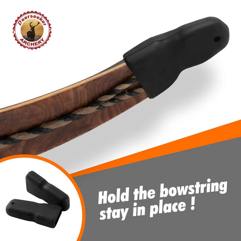 Recurve Bow Tip Protector And Longbow Tip Guard Silicone Tip Shield 2 Pack shown on a wooden bowtip with bowstring.