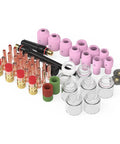 71 Piece TIG Welding Torch Stubby Gas Lens Glass Cup Kit for WP 17 18 26 With Size 12 Glass Cup and Consumables arranged on display