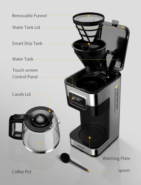 10 Cup Programmable Coffee Maker With Regular And Strong Brew Auto Shut Off Permanent Filter Easy LCD Touch Screen Silver Finish open
