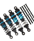 Beefed Up Aluminum Oil Filled RC Shocks 4 Piece Set for 1/12 1/14 1/16 scale RC cars with screws, blue color, side view.