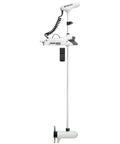 Heavy Duty GPS Bow Mount Trolling Motor With 112 Lb Thrust And 87 Inch Shaft, featuring wireless remote and white design.