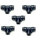 Five Pneumatic Reducer Tee Connector 1/2 Inch X 3/8 Inch X 1/2 Inch OD Push To Connect Fittings Made From PBT Plastic