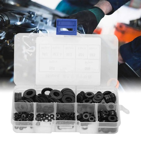 Versatile 350 Piece Rubber Washer Kit With M2 M2.5 M3 M4 M5 M6 M8 Sizes Black For Home Auto Plumbing DIY Use Cuts Friction Prevents Leaks Seals Gaskets And Spacers For All Your Quick Fix Projects. Plastic case with black rubber washers