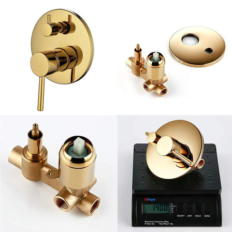 UMJIGF Shower System Titanium Gold Brass Luxury Mixer Shower Faucet Set Wall Mounted Dual Handle Valve with Round Trim.