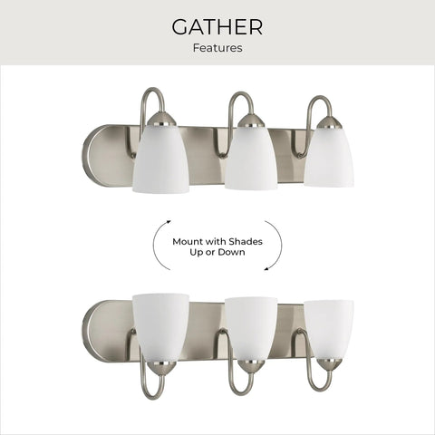 Gather Collection Three Light Bath Vanity Light With Etched Glass Shades In Brushed Nickel Finish For A Spa Vibe Coastal Modern And Transitional Bathrooms With Easy Install, showcasing shades mounted up and down