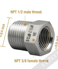 Hex reducer adapter, NPT 1/2 male to 3/8 female, stainless steel high-pressure pipe fitting.