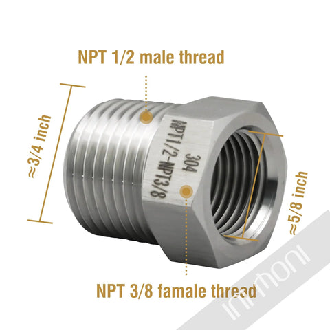 Hex reducer adapter, NPT 1/2 male to 3/8 female, stainless steel high-pressure pipe fitting.