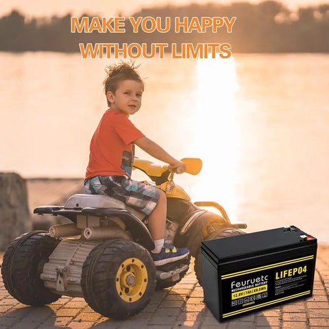 Child rides toy car powered by Powerful 12V LiFePO4 Battery With Built-In BMS, 7Ah, durable and rechargeable for long life.