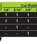 Component list for Carbide Stacking Dado Blade Set for 8 Inch Saws, 14 Pieces With Outer Blades and Chippers, showing cut widths.