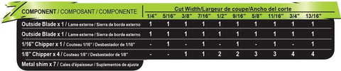 Component list for Carbide Stacking Dado Blade Set for 8 Inch Saws, 14 Pieces With Outer Blades and Chippers, showing cut widths.