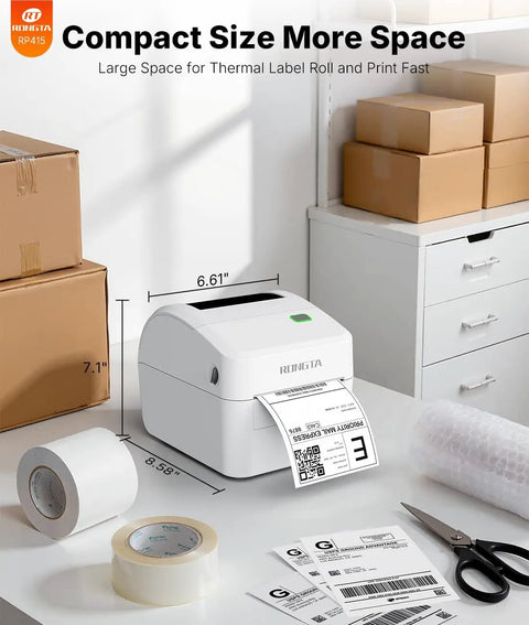 Wireless Bluetooth 4x6 Shipping Label Printer For iPhone And Android No Fuss Setup Print 4x6 Labels For Amazon eBay Shopify Etsy UPS Portable Thermal Label Printer For Packages With RLabel App White on desk with label printing.