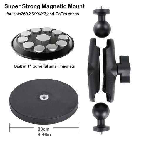 Dope Motorcycle Handlebar Magnetic Mount Kit For Action Cameras With 1/4 Inch Thread 360 Degree Rotating Ball Head Clamp Durable GoPro And Insta360 Mounts Works With X3 X4 X5 And GoPro Hero 13 12 11 10 9 8 shown with 88mm magnetic base.