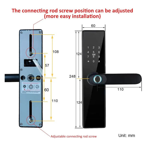 WiFi Smart Door Lock With Fingerprint Keyless Entry Electronic Security System App Control Passcode And IC Card Backup Built In Voice Prompt Lets You Secure Your Pad With Ease In Sleek Black Finish, showing adjustable connecting rod screw position.