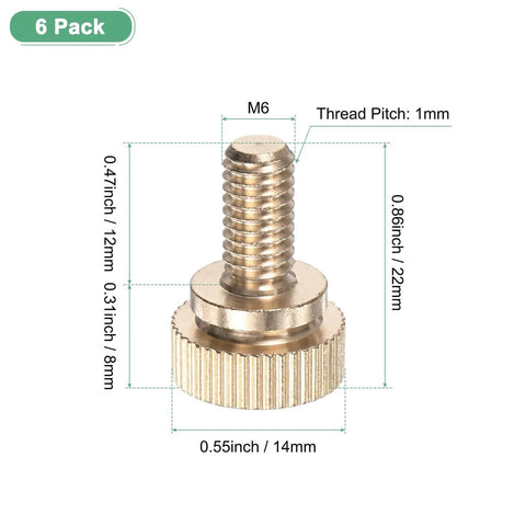 Six Pack Knurled Thumb Screws M6x12mm Solid Brass Round Head Fasteners for electronics repair, PC building, 3D printing, furniture