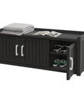 Waterproof Resin Shoe Bench With Adjustable Shelves, 2-Tier Hallway Storage Rack For Entryway, Living Room Or Bedroom, Indoor Outdoor Ready Black 3-Door Cabinet With Rustic Industrial Style displaying shoes and folded blankets on top.