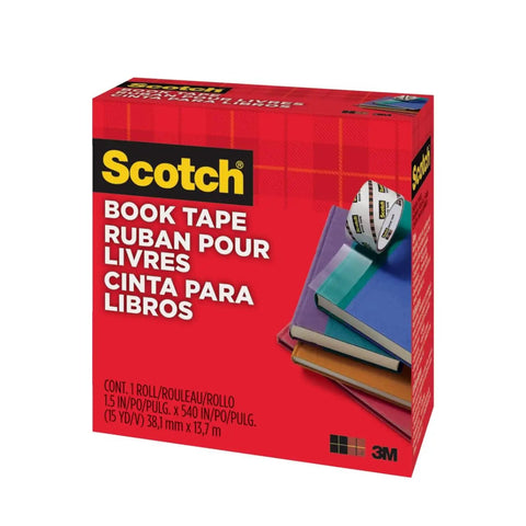 Box of Clear Book Tape 1.5 Inch By 540 Inch One Roll For Super Handy Repairs And Reinforcement Of Book Covers with visible tape roll and books.