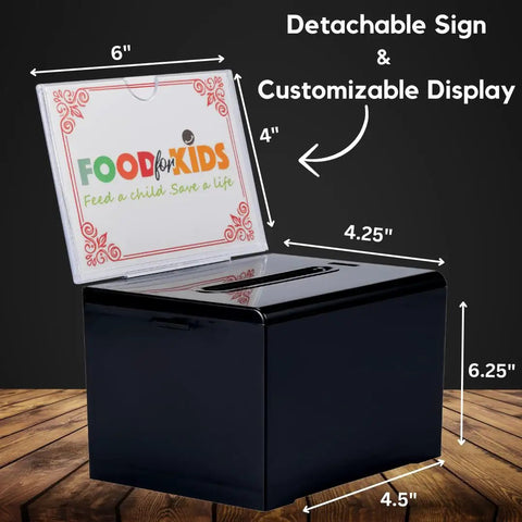 Lockable Acrylic Donation Box for Fundraisers and Raffles Multipurpose Suggestion Box with Slot and Sign Holder in black