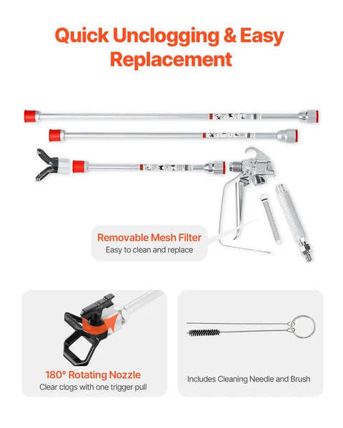 Pro Move Airless Paint Spray Gun And Hose Kit Featuring 3600 PSI includes three extension rods and a rotating nozzle for easy use.