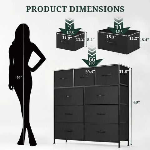Roomy 9 Drawer Dresser With Wooden Top And Metal Frame Dope Anti Tip Tall Storage Chest dimensions comparison with silhouette