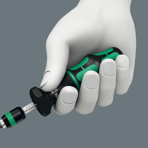 Hand holding Kraftform 7445 Hex Torque Screwdriver With One Hand Quick Release Chuck One Quarter Inch Head And Variable Torque.