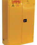 Heavy Duty Two Door Flammable Safety Cabinet 90 Gallon Hazardous Chem Storage Box with warning signs and yellow finish.