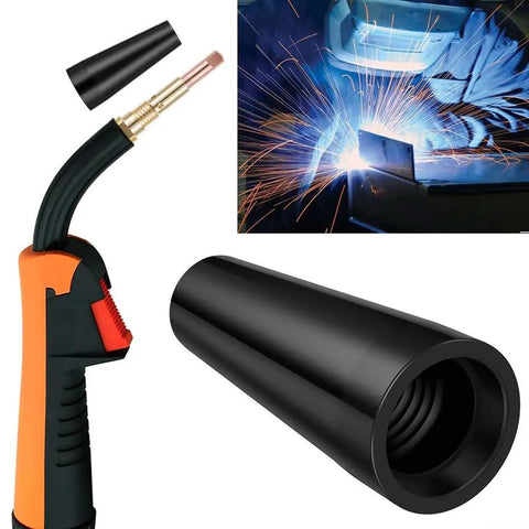All In One MIG Welding Accessories Kit 26-Piece Flux Core Gasless Nozzle Set close-up with welding sparks in background