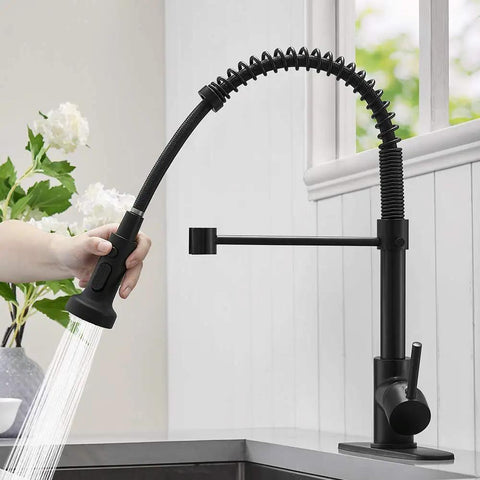 Matte Black Kitchen Faucet With Three Function Sprayer Head, High Arc Spout, 360 Degree Swivel, Single Handle, Brass Construction