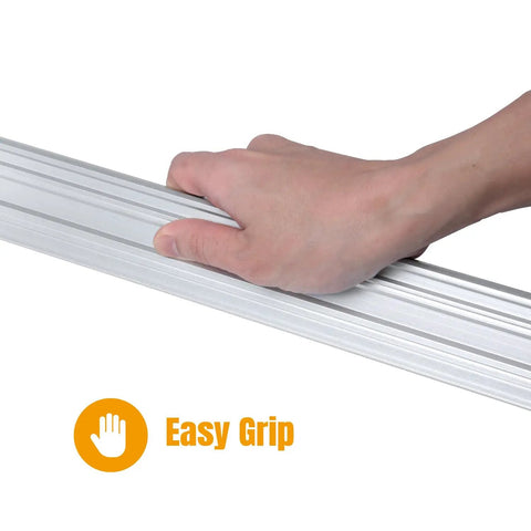 Hand holding 18 Inch Straight Edge For Woodworking Pros, Dope Precise Flatness To Within.001 Inch with easy grip highlighted.