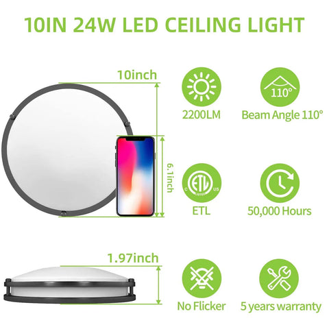 Diagram showing 10 Inch Flush Mount LED Ceiling Light Dimmable 2200 Lumen 24W features and dimensions next to smartphone.
