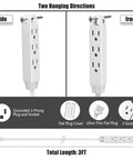Ultra Slim Flat Plug Extension Cord Power Strip 3 Feet 3 Outlet White showcasing side and front views with hanging options.