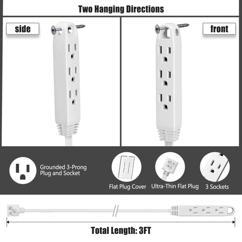 Ultra Slim Flat Plug Extension Cord Power Strip 3 Feet 3 Outlet White showcasing side and front views with hanging options.
