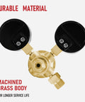 Argon welding regulator with brass body and dual black gauge housings, front view