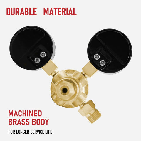 Argon welding regulator with brass body and dual black gauge housings, front view