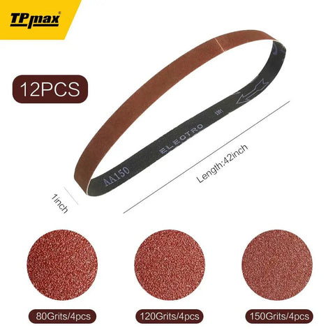 Pro Grade 42 Inch Sanding Belt Pack 1 Inch Wide By 42 Inch Long, 12 Belts, 4 Each Of 80 120 150 Grit Aluminum Oxide For Sander