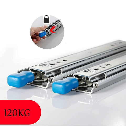 Built Tough Heavy Duty Drawer Runners With Secure Lock And Dual Ball Bearing Glides, designed for 120kg weight capacity.
