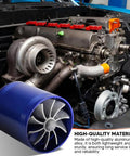 Installed Dual Turbine Air Intake System For Most Vehicles, Turbocharged Airflow Boost Kit with blue finish on engine