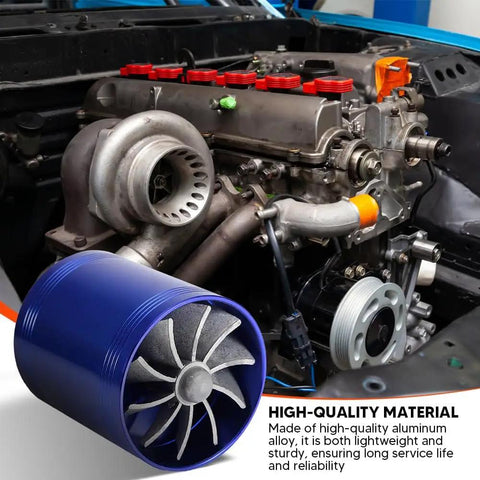 Installed Dual Turbine Air Intake System For Most Vehicles, Turbocharged Airflow Boost Kit with blue finish on engine