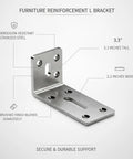 Heavy-Duty Stainless Steel L Bracket for Cabinet and Shelf Repair, 3.3 x 2.2 Inch Angle Brace, brushed finish, diagram showing features