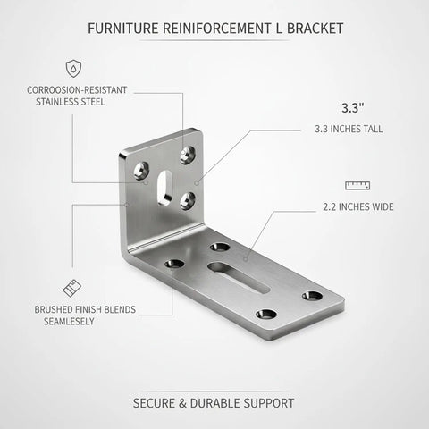 Heavy-Duty Stainless Steel L Bracket for Cabinet and Shelf Repair, 3.3 x 2.2 Inch Angle Brace, brushed finish, diagram showing features