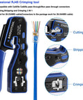 Pro Grade Pass Through RJ45 Crimp Tool Kit With Cutter For Cat5 Cat5e Cat6 Cat6a 8P8C Modular Connectors, shown with cable.