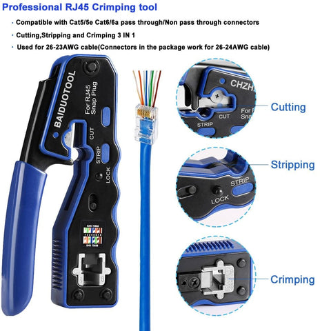 Pro Grade Pass Through RJ45 Crimp Tool Kit With Cutter For Cat5 Cat5e Cat6 Cat6a 8P8C Modular Connectors, shown with cable.