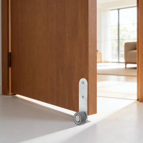 Premium 6 Pack Silver Sliding Door Roller Casters With Reinforced Steel Core And TPE Wheels Includes Anti Sagging Floor Guide For Barn Doors That Glide Damn Smooth Every Time, showcasing TPE wheel and metal guide.