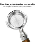 Boss Level 58mm Bottomless Portafilter With Genuine Black Walnut Handle For Breville Models top view showing fine filter for mellow coffee extraction.