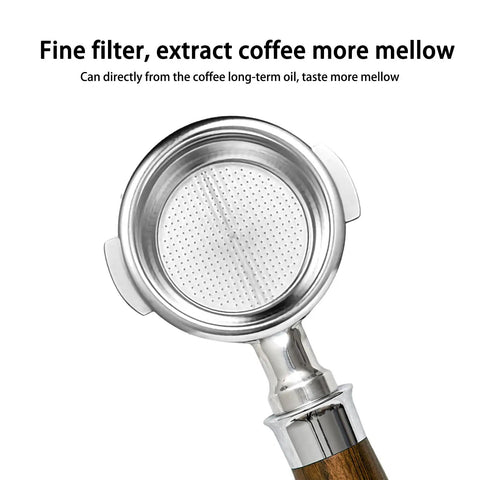 Boss Level 58mm Bottomless Portafilter With Genuine Black Walnut Handle For Breville Models top view showing fine filter for mellow coffee extraction.