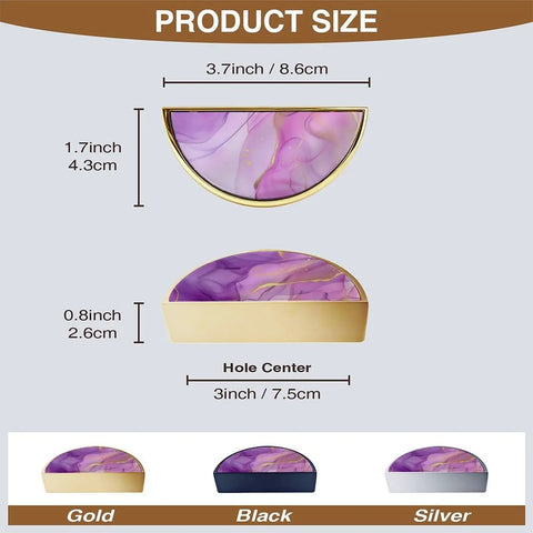 2 Pack Purple Pink Gold Fluid Art Cabinet Pulls With 3 Inch Center Hole Gold Semicircle Drawer Handles, product size chart.